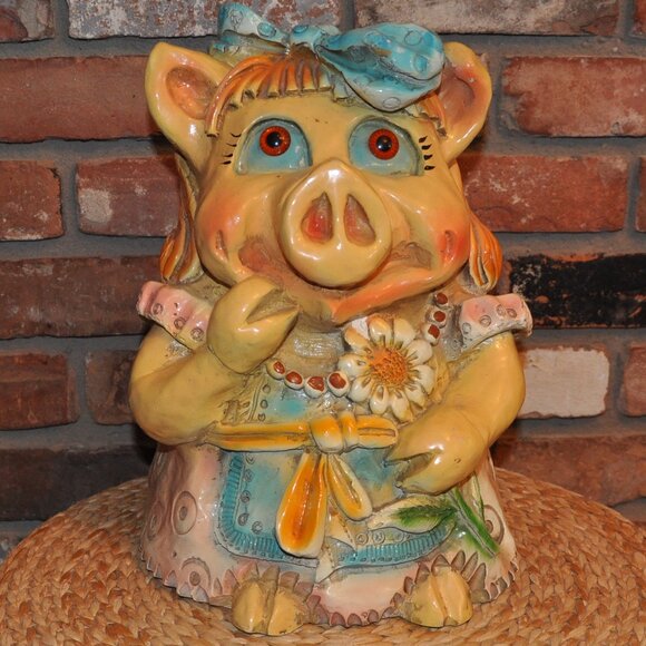 Jumbo 14" Vintage 70 Large Hand Painted Dress Pig Piggy Bank Ceramic Chalk ware - Picture 1 of 13